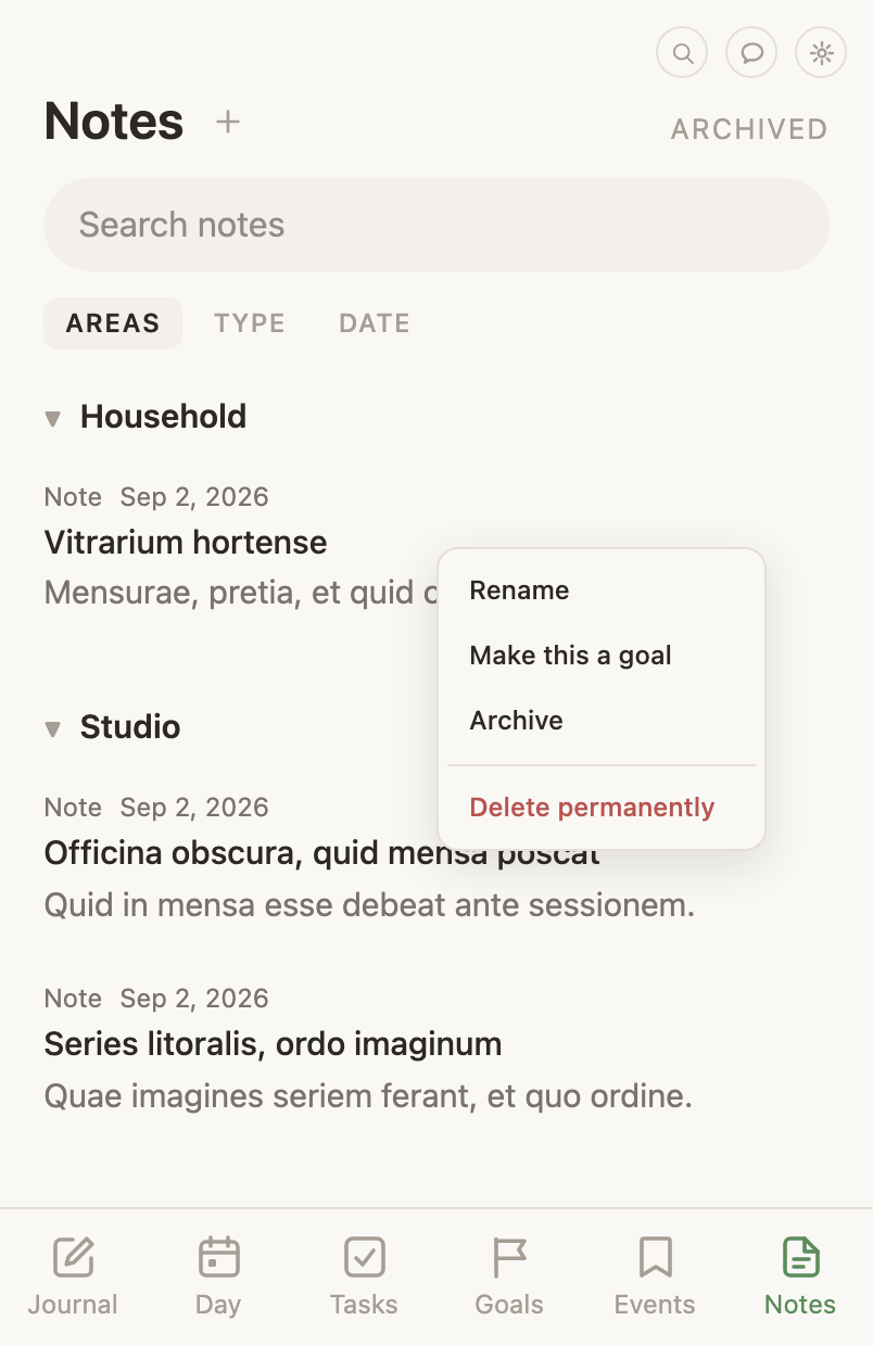 A note's row menu open on the web: Rename, Archive and Delete permanently.