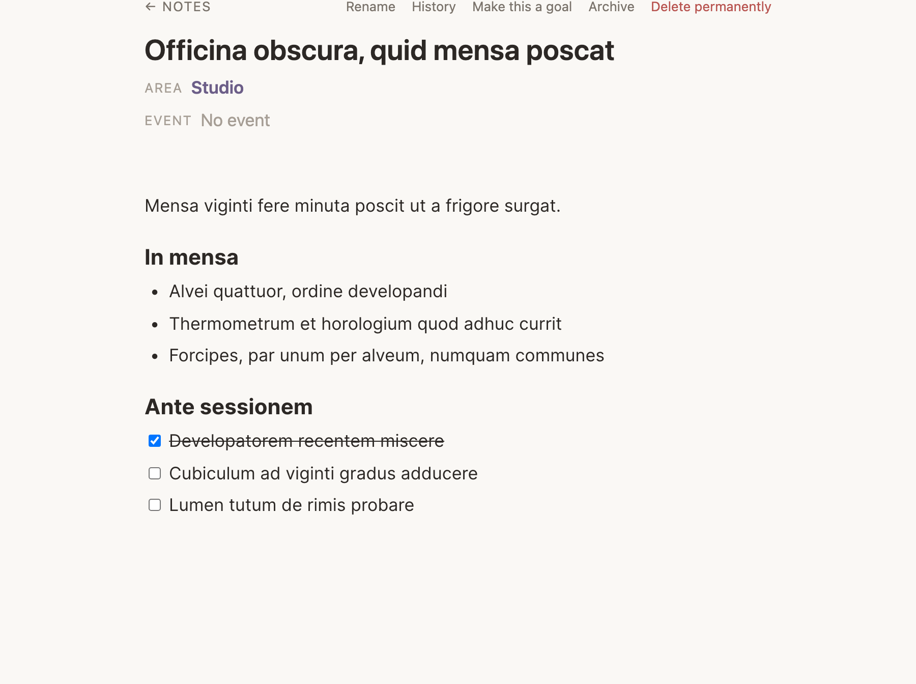A note open in the web editor, its headings, bullets and checkboxes drawn, with the back link and Rename, History, Archive and Delete permanently along the top.