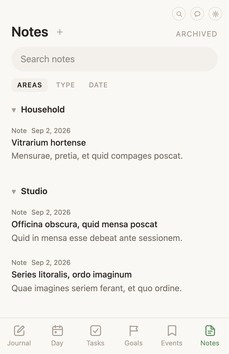 The Notes tab grouped by life area, each row giving its kind and date above its title and its description below, with Archived above the list.