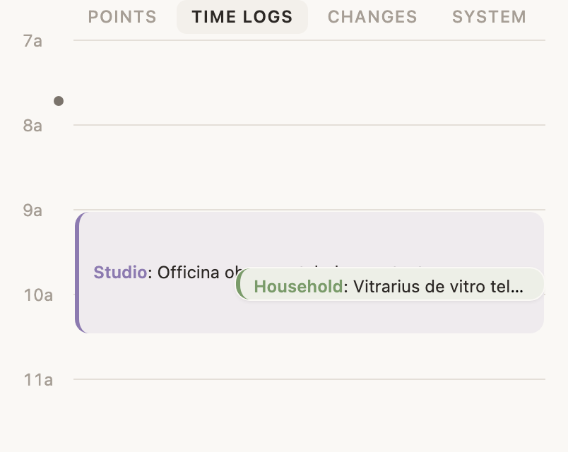 The Day on a phone: the tab bar naming Points, Time logs, Changes and System, with Time logs the one being read.