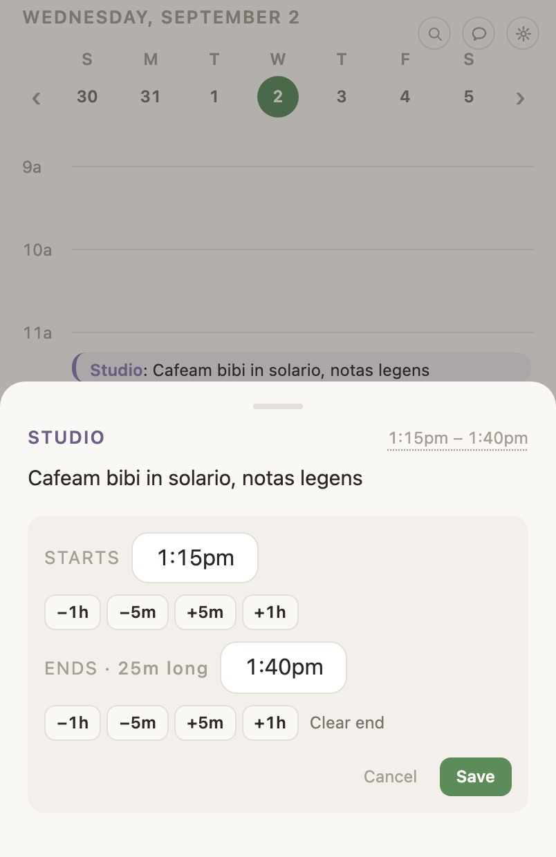 The time editor open on an entry, with Starts and Ends fields and Save.