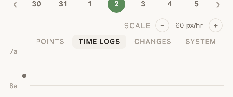 The Scale control above the hours, with minus and plus and the current pixels per hour.