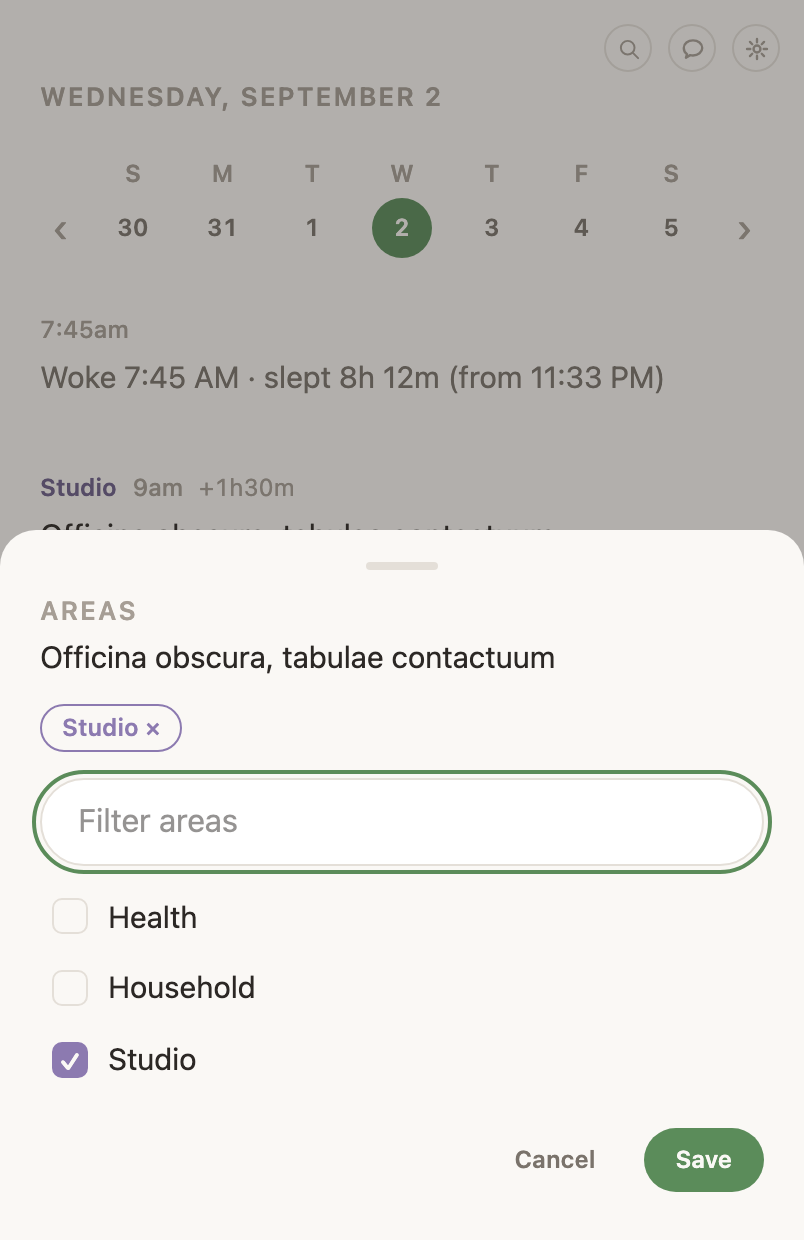 The life-area picker open on an entry, filtering as you type.