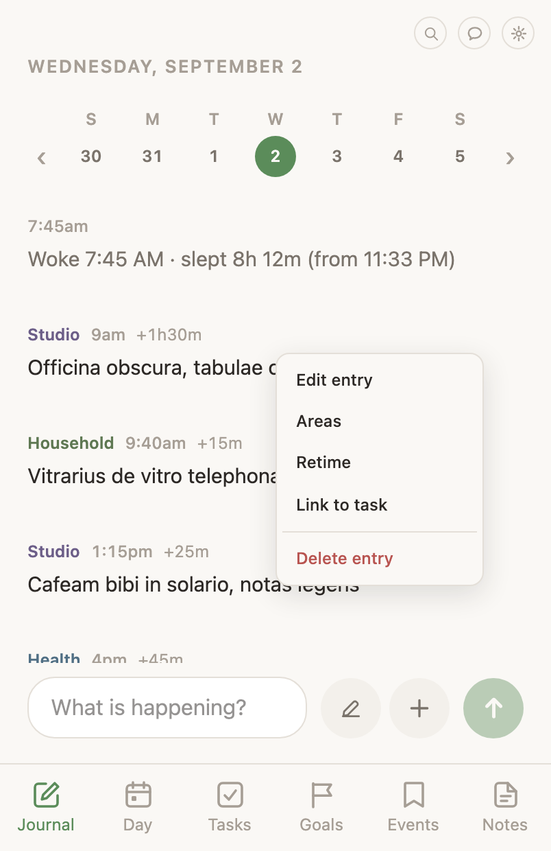 An entry's menu open on the web: Edit entry, Areas, Retime, Link to task, and Delete entry.