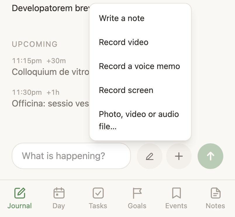 The menu the plus button opens above the capture bar: Record video, Record a voice memo, Record screen, and Photo, video or audio file.