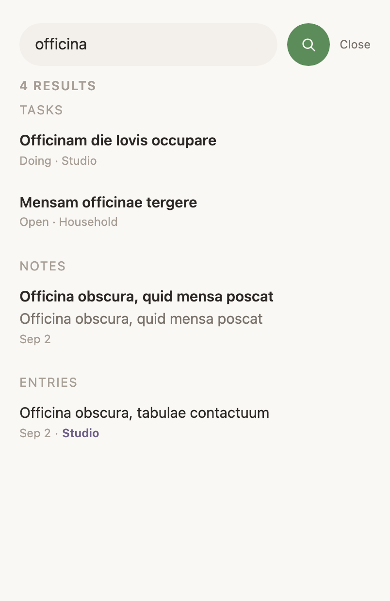 Search with a query typed, results grouped as notes and entries.