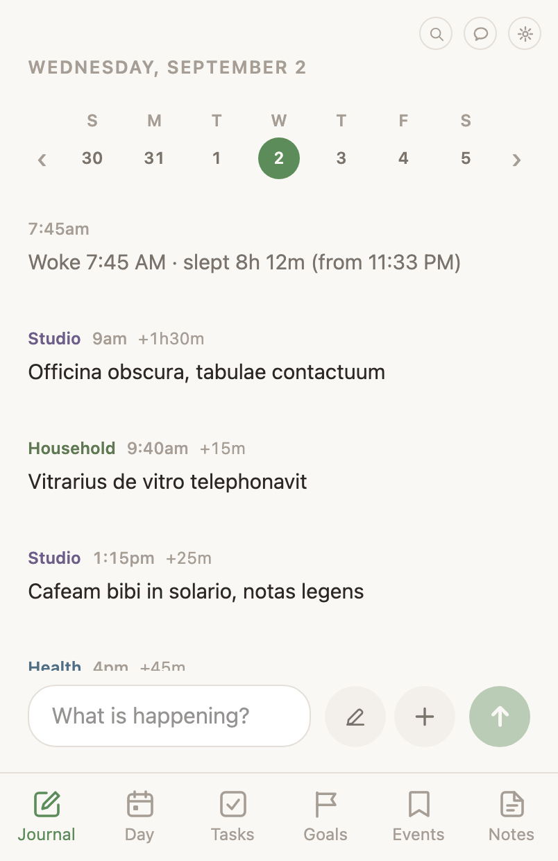 The journal on a phone: the day's entries under a week strip, each with its life area, its time, and its length when it has one.