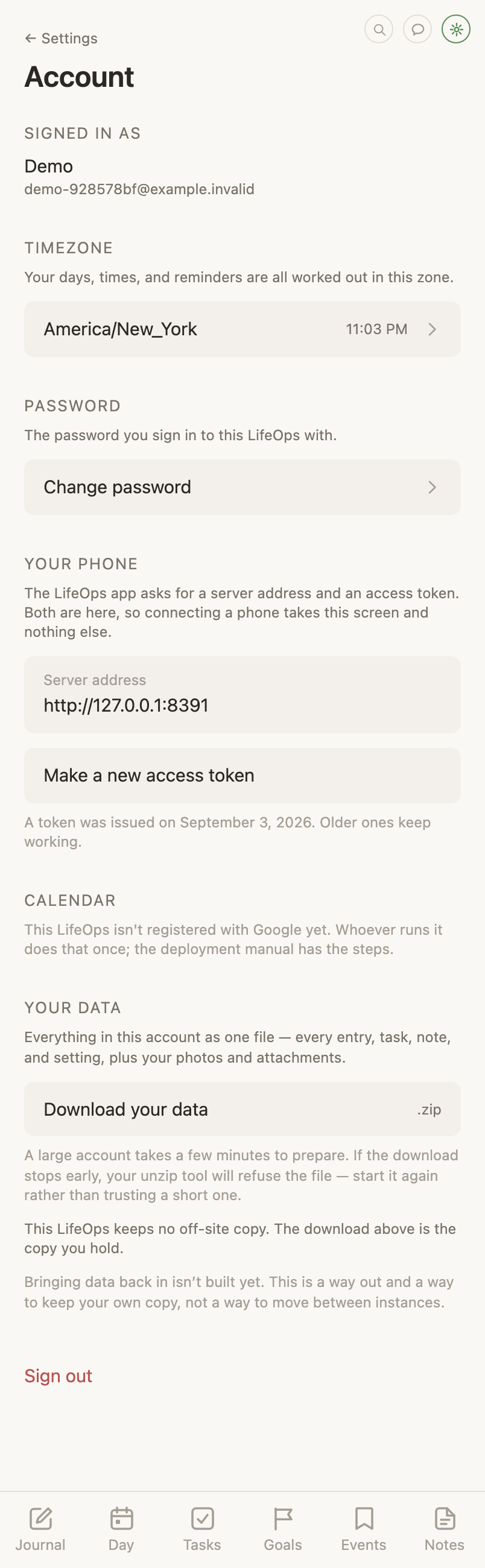 The Account settings page: the signed-in name and email, and the timezone picker with live clocks.