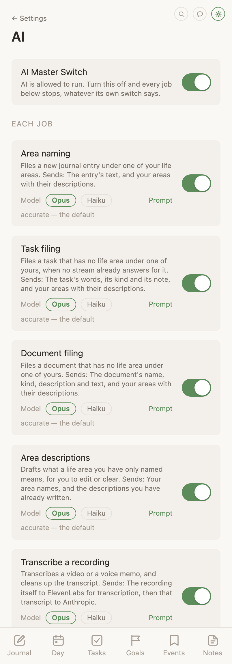 The AI settings page: the master switch above the job switches, each saying what it sends.