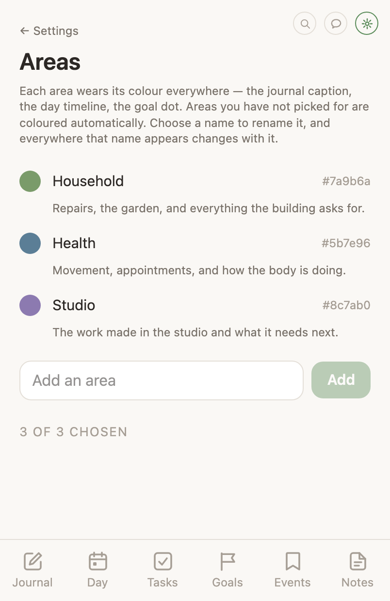 The Areas settings page: each life area with its colour swatch, and the field that adds one.