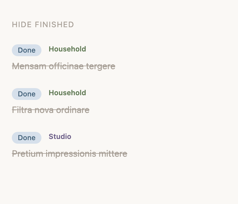 The finished list open, each task struck through with the status it closed on beside it.