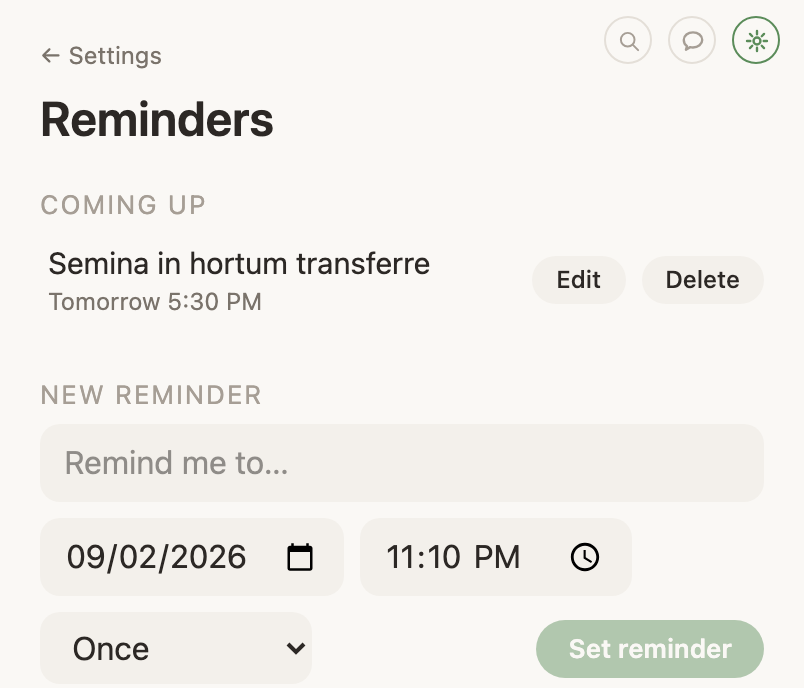 The reminder composer, with its own date and time fields and a repeat choice.
