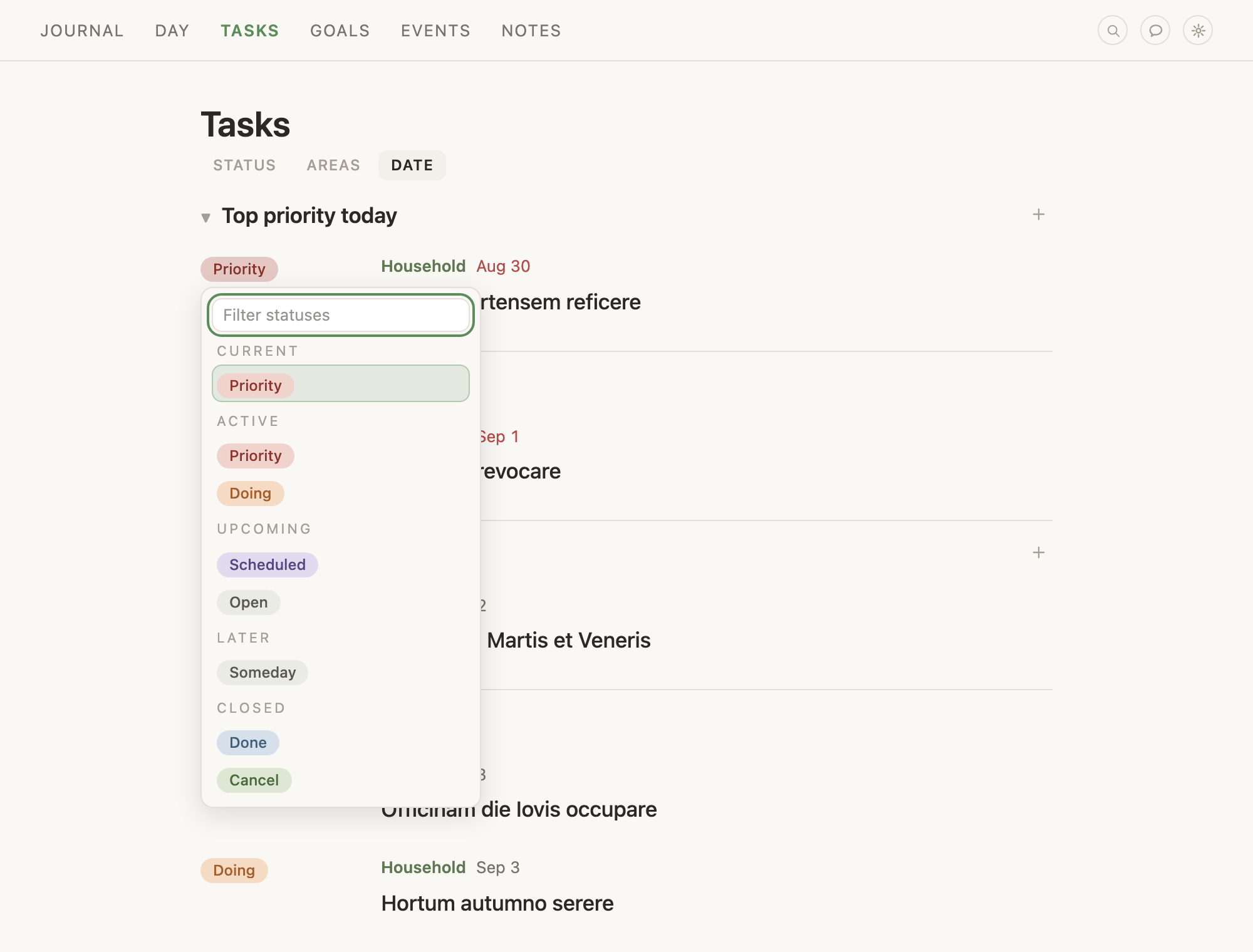 The status picker open from a task's row, the statuses listed under their four group headings.