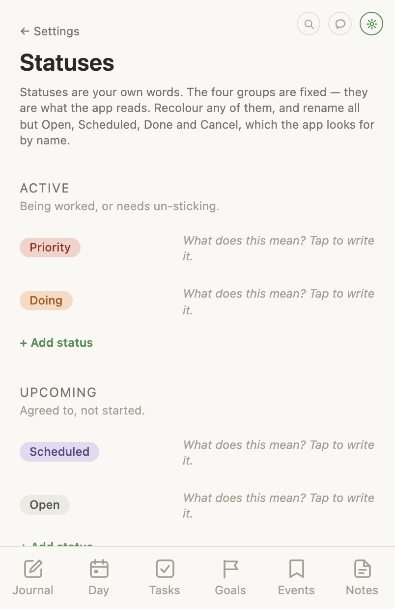 The status editor: each status with its colour and its description, under the four group headings.