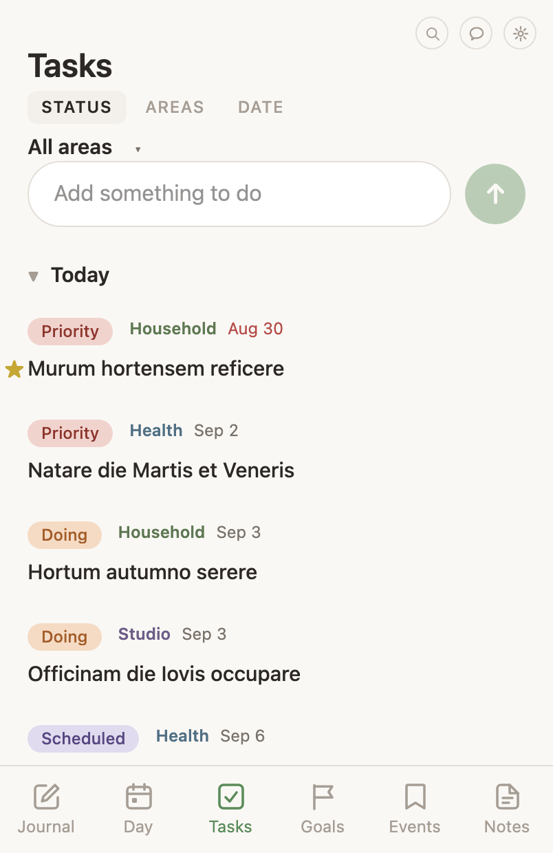 The Status view: the same tasks arranged under their status words, with the view bar above.