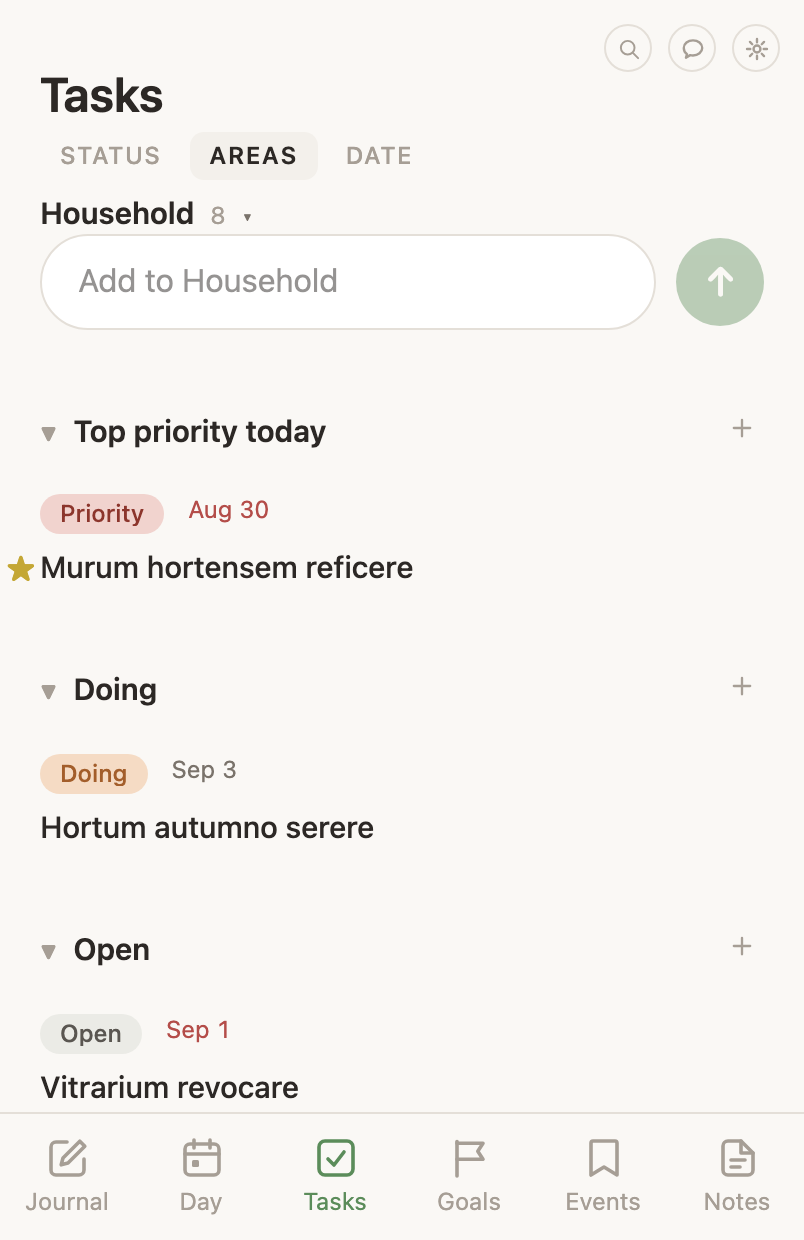 Tasks grouped by life area, each group showing its open count, with the add bar scoped to the area you are looking at.