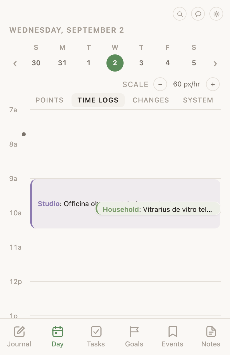 The Day screen on a phone: a week strip, the scale control, the four column tabs, then an hour-by-hour timeline with a time-log block on it.