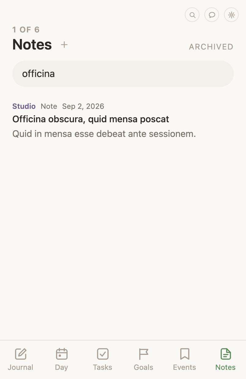 The Notes tab: a title with a plus, a search field, the Areas, Type and Date words, then notes under life-area headings, each row showing its type, its date, its title and its description.