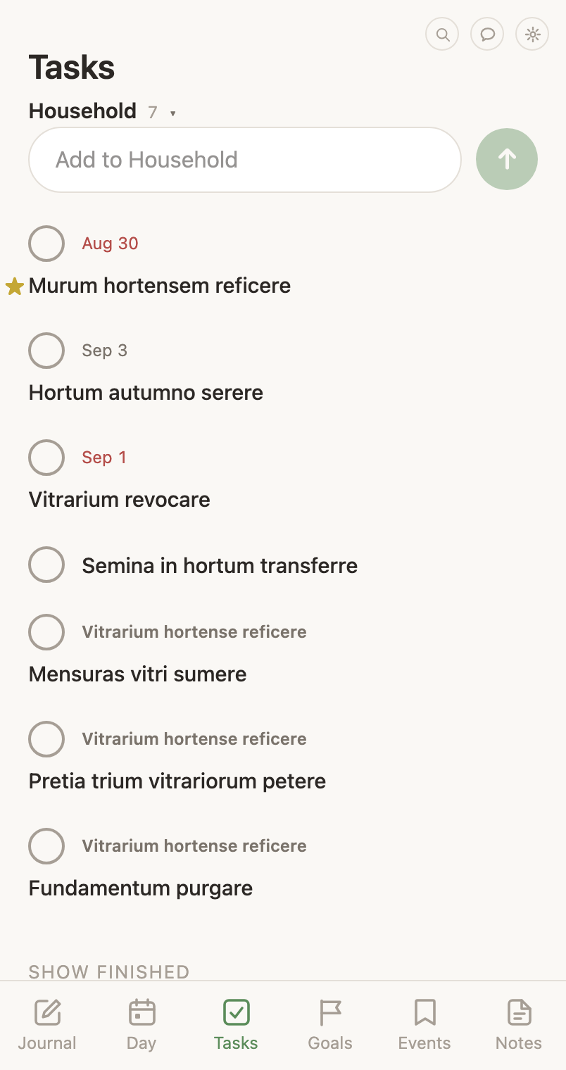 The Tasks screen on a phone: the area you are in with its count beside its name, tasks with check rings, and the add bar.